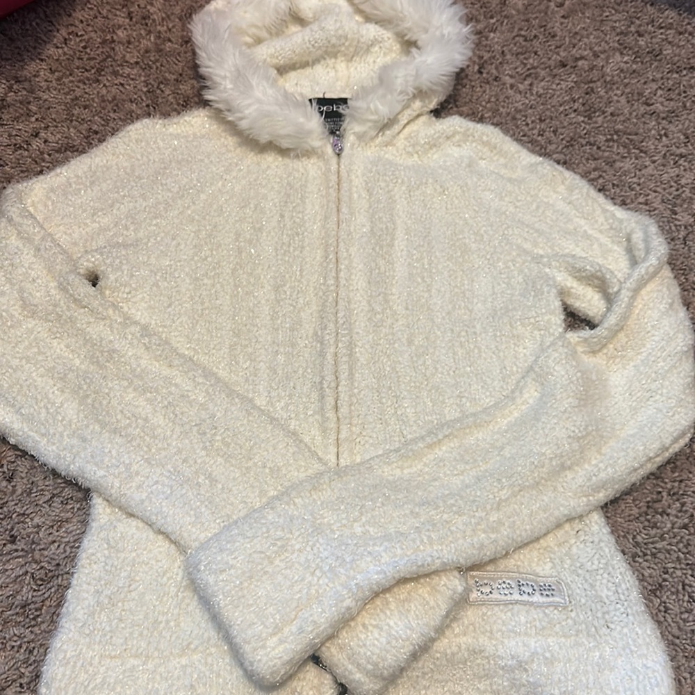 Bebe fuzzy sparkly zip up hoodie woman’s